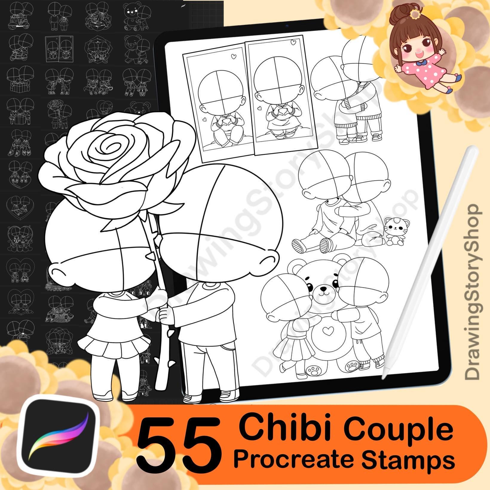 55 sellos de pareja chibi para Procreate Set 6 – Poses tiernas, bases y pinceles para iPad