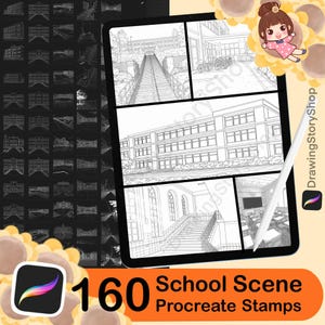 Könnte beinhalten: Ein digitales Kunstprodukt mit 160 Procreate-Stempeln für Schulszenen. Das Bild zeigt ein Tablet mit Illustrationen von Schulgebäuden, einen Stift und eine Sammlung von Schulgebäudestempeln. Das Produkt ist für digitale Künstler konzipiert.