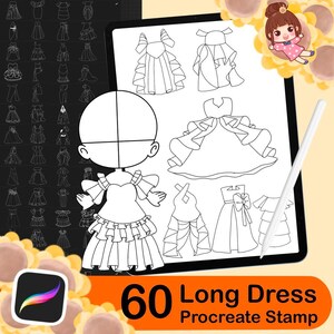 Könnte beinhalten: Ein Set mit 60 digitalen Stempeln für Procreate mit langen Kleidungsdesigns. Die Stempel sind schwarz-weiße Umrisse und umfassen eine Vielzahl von Stilen, wie Prinzessinnenkleider, Ballkleider und Freizeitkleider. Die Stempel sind perfekt zum Erstellen von Modeillustrationen, Charakterdesigns und vielem mehr.