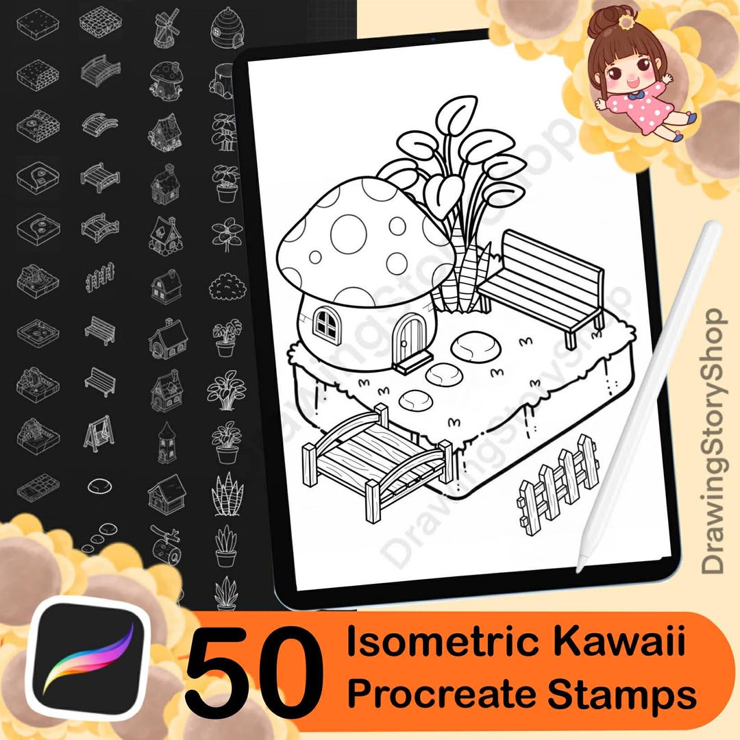 50 Procreate Isometric Kawaii Garden Stamp Brushes | Kawaii Textured ...