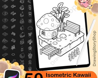 Può includere: Illustrazione digitale in bianco e nero su tablet, raffigurante una casa a fungo, una panchina, un ponte e una staccionata. Il testo "50 Isometric Kawaii Procreate Stamps" è presente. Una penna stilo è accanto al tablet.