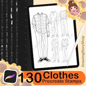 Può includere: Illustrazione digitale di 130 timbri Procreate di abbigliamento. L'immagine mostra vari outfit, tra cui camicie, pantaloni e felpe con cappuccio. Gli outfit sono visualizzati sullo schermo di un tablet. L'immagine include anche uno stilo e un personaggio dei cartoni animati.