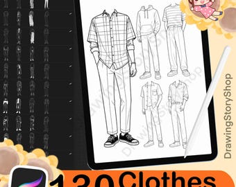 130 Procreate Clothes Stamps Brushes, Man Anime Clothing Procreate,Hoodie Jeans Boy Cloth Guide Manga Character Fashion