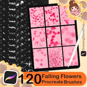 May include: A digital art product display. A tablet shows pink floral designs, with a white stylus. The image includes the text "120 Falling Flowers Procreate Brushes". A Procreate app icon is visible.