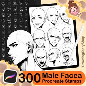 300 Procreate-borstels voor mannelijke gezichten. Voortplant hoofdstempels. Maak een mannelijke emotionele gezichtsborstelstempel voor. Procreate Man Base-Referentieborstel: