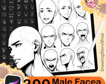 300 Procreate male faces brushes. Procreate head stamps. Procreate male emotional face brush stamp. Procreate man base head reference brushe