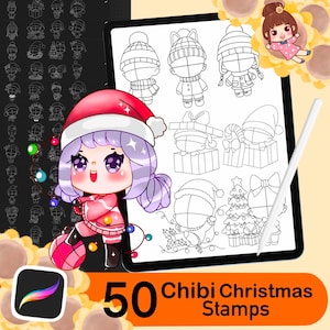 50 Procreate Chibi Stamps, Christmas Stamps, Poses Stamps for Procreate, Chibi Stamps, Chibi Bases, Guide Brushes, Christmas Template