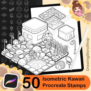 以下が含まれることがあります： 等角投影法のかわいいProcreateスタンプのデジタルアートセット。画像は、池、ブランコ、建物のあるデジタル庭のシーンを示しています。このセットには50個のスタンプが含まれており、デジタルアーティストに最適です。「Isometric Kawaii Procreate Stamps」と書かれています。
