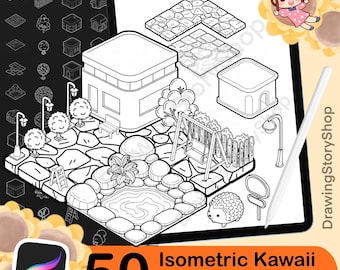 50 pędzli do stempli Procreate Isometric Kawaii Buildings | Teksturowany pędzel do stempli Kawaii Isometric do zestawu Procreate 2