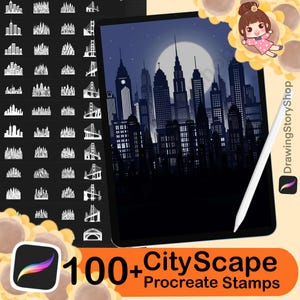 100+ Procreate City Scape Stamps, Brush house, building high-rise, building floor night scene silhouette, Brushset Bundle for Procreate