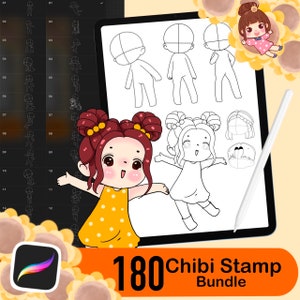 180 Procreate Chibi Stamp Brushes, Chibi Body Guides, hair Chibi stamp, Chibi Eye Stamps, Procreate Brushes Anime, Comic Manga