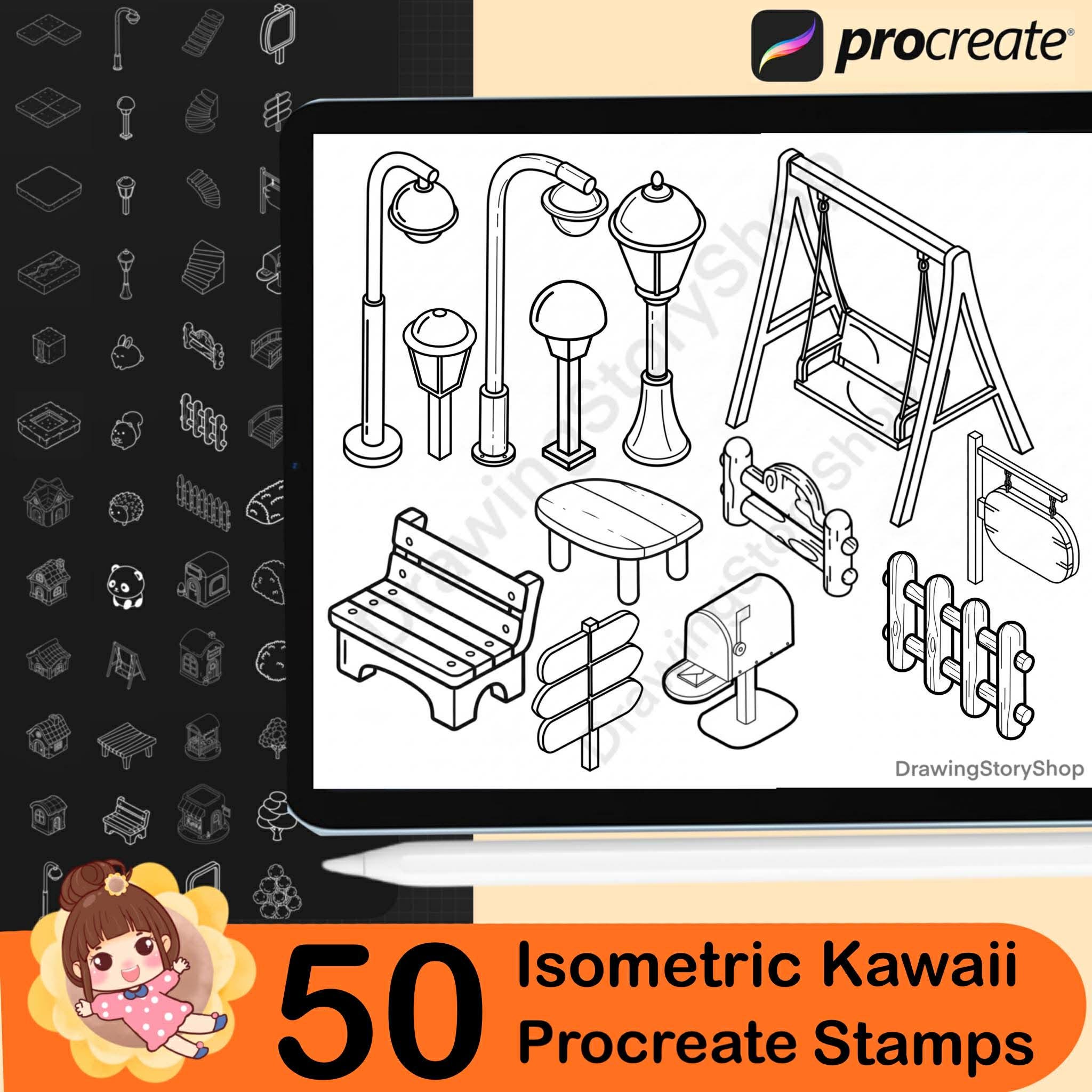 50 Procreate Isometric Kawaii Garden Stamp Brushes | Kawaii Textured ...