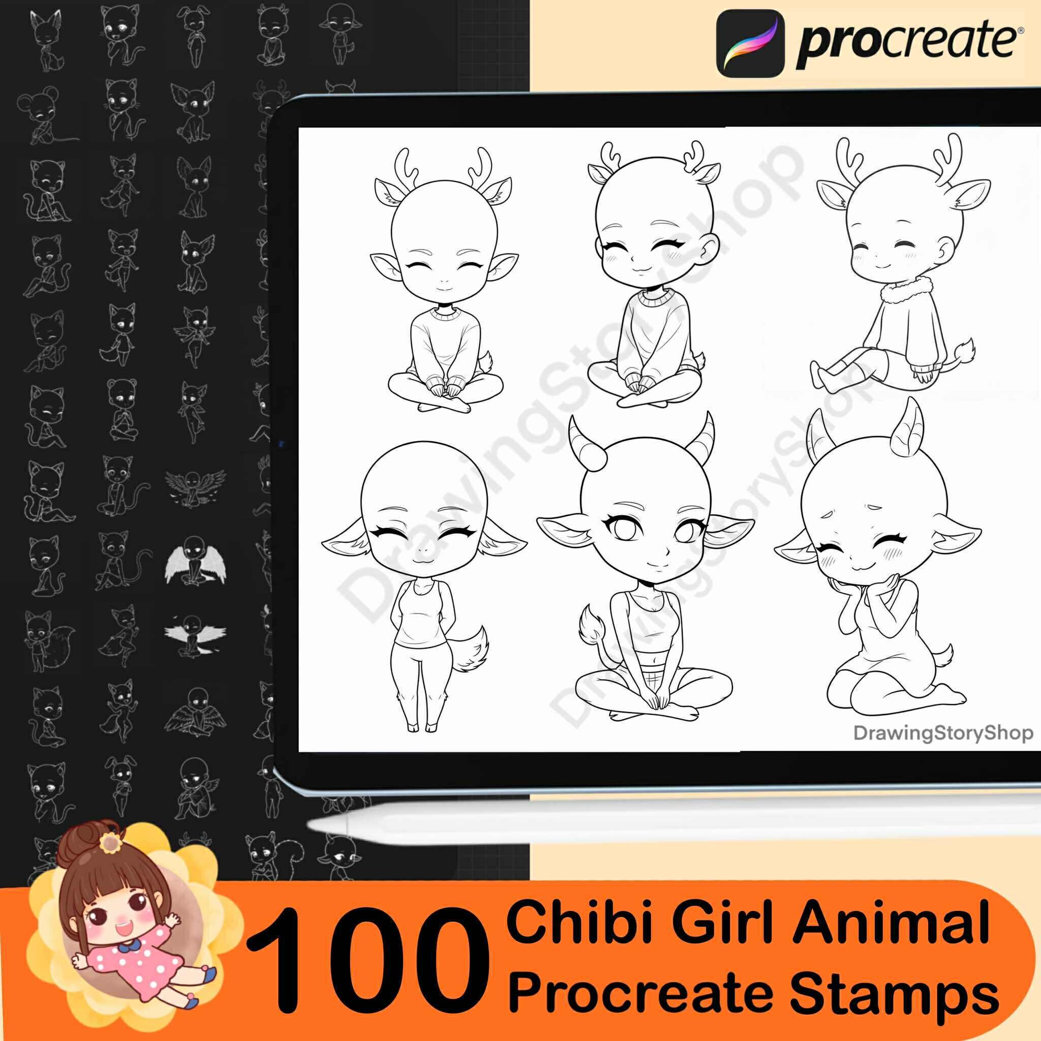 100 Procreate Chibi Girl Animal Stamp Brushes | Cute Chibi Poses | Base ...