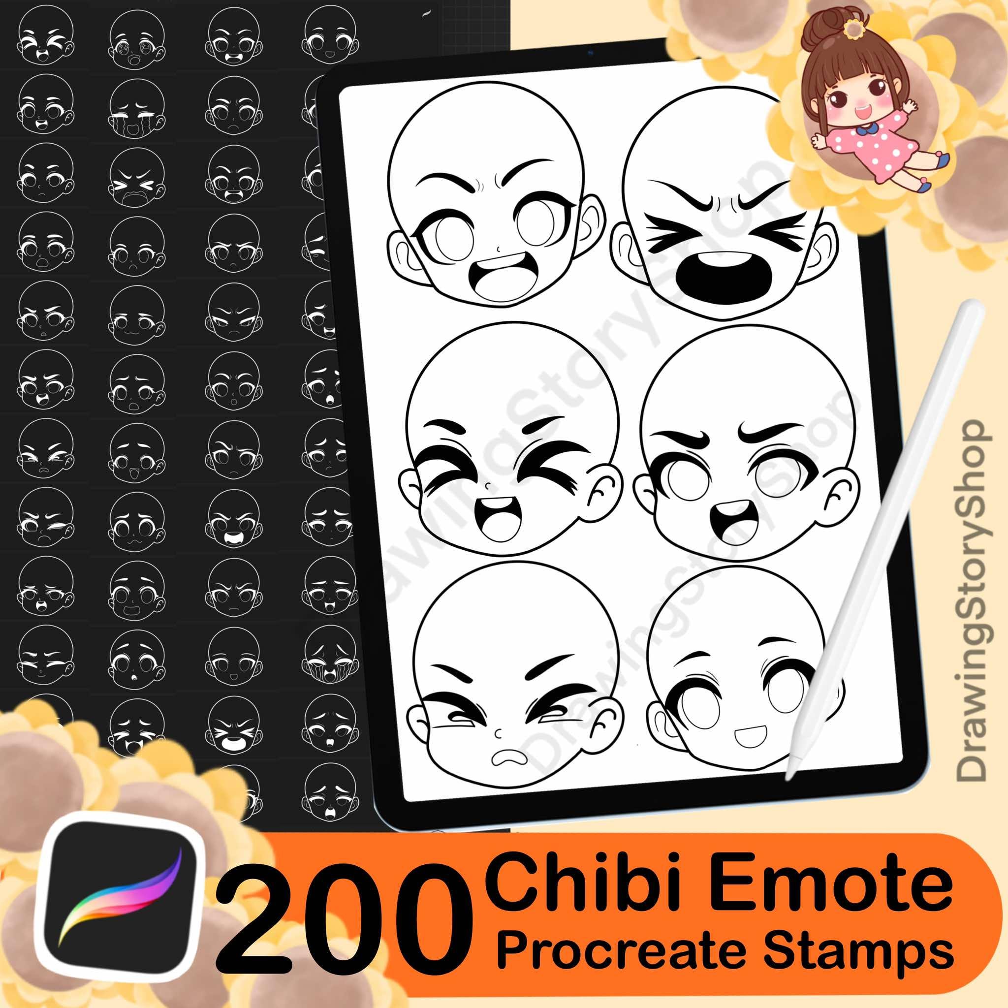 200 pinceles de emotes chibi para Procreate – Juego de sellos de rostro y cabeza anime/manga para iPad