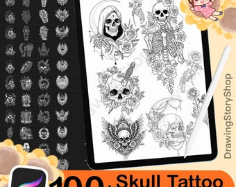 100+ Spooky Tattoo Procreate Stamps | Witchy Skull & Flower Skulls Tattoo Brushes