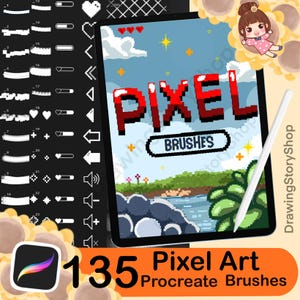 May include: A digital art product on a tablet, with the text "PIXEL BRUSHES" and "135 Pixel Art Procreate Brushes." The image displays pixel art elements, a stylus, and a cartoon character. The background is a pixelated landscape.