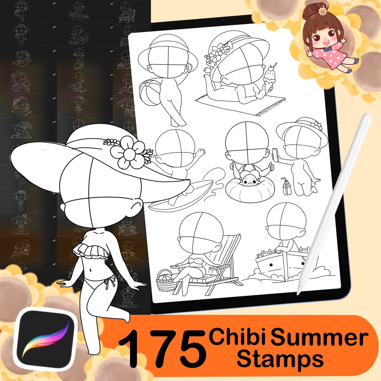 175 sellos y pinceles Procreate chibi de verano – Poses de playa, ojos y bases de cabello para iPad