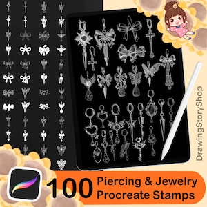 Può includere: Un'esposizione di arte digitale di 100 timbri Procreate per piercing e gioielli. L'immagine mostra una varietà di design di orecchini e ciondoli, tra cui fiocchi, croci, cuori e stelle. Sono visibili anche uno stilo e un personaggio dei cartoni animati.