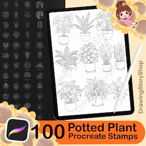 Könnte beinhalten: Ein digitales Kunstprodukt mit 100 Procreate-Stempeln für Topfpflanzen. Das Bild zeigt ein Tablet mit Strichzeichnungen verschiedener Pflanzen in Töpfen, einen Stift und einen schwarzen Hintergrund mit Pflanzenumrissen. Das Produktlogo ist ebenfalls sichtbar.