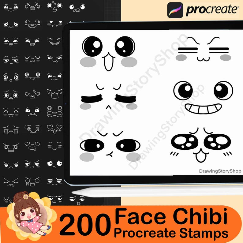 200 Procreate Kawaii Faces Stamp Brush Procreate Kawaii Emotes Chibi ...