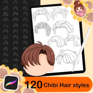120 Procreate Hair Stamps Brushes, Anime Hair Brushes,Chibi man hairstyles, Hairstyles Stamps, Digital Brushes Stamps, Manga Hair