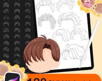 May include: A digital drawing tablet with a white screen displaying 120 different chibi hair styles. The tablet is surrounded by a yellow border with a cartoon girl with brown hair and a pink dress.