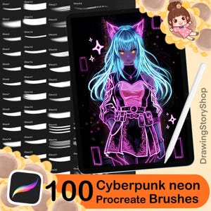 Puede incluir: Ilustración digital de una tableta que muestra un personaje de anime de neón con cabello azul y acentos rosados. La tableta está acompañada de un lápiz óptico y un conjunto de 100 pinceles Procreate, con el texto "Cyberpunk neon Procreate Brushes".