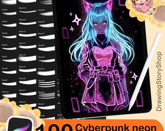 100 Cyberpunk Glow Brushes For Procreate | Neon Light & Aura Effect, Digital Brushes for iPad
