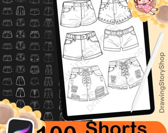 100 Procreate ショートパンツ用スタンプ：アニメ服・マンガ衣装・ショートジーンズ・ファッションデザイン・ストリートウェア用ブラシ