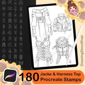 May include: Digital illustration of a tablet showing fashion design sketches. The tablet displays four jacket and harness top designs, with a grid of jacket designs on the left. The image includes the text "180 Jacke & Harness Top Procreate Stamps".