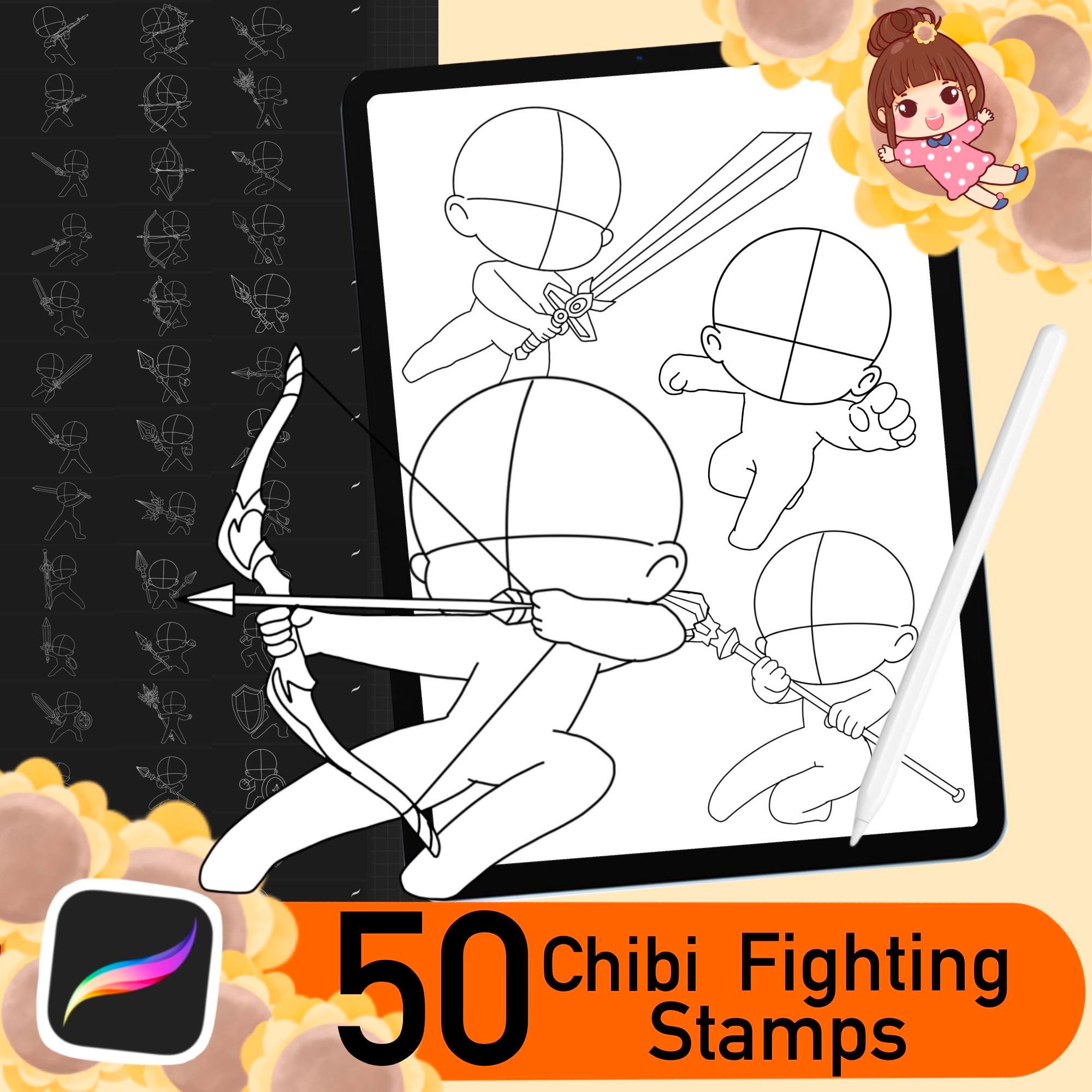 50 Chibi Procreate Fighting Pose Stamps – Cute Anime Manga Brushes, Battle Body Guides & Chibi Bases