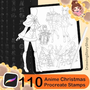 May include: A digital art image featuring a collection of 110 Anime Christmas Procreate Stamps. The stamps include various Christmas-themed characters and objects, such as Santa Claus, reindeer, and Christmas trees, all in a line art style.