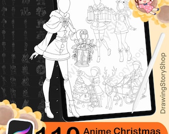110 Christmas Brushes for Procreate,Anime Stamps, Figure Brushes, Guide Brushes, Anime Pose Set, Base Anime Manga,Digital Brushes.