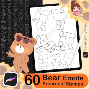 60 Bär Procreate Stempel Brushe Chibi Charakter Emote Cute Pose Anime Figur Zeichnung Kawaii Discord Emote Körper Pose Stamp Guide Kit Sketch