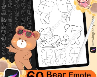 May include: A digital art illustration featuring a brown bear wearing pink sunglasses, pointing to the left. A tablet displays bear outline drawings. The image includes the text "60 Bear Emote Procreate Stamps".