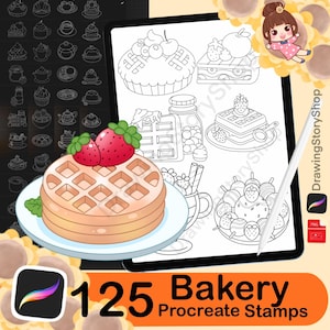 Puede incluir: Un conjunto de 125 sellos Procreate en blanco y negro con temática de panadería. Los sellos presentan varios artículos de panadería como un waffle, un pastel, un bizcocho y una magdalena. Los sellos son perfectos para crear arte digital e ilustraciones.