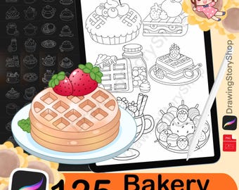 Könnte beinhalten: Ein Set mit 125 Schwarzweiß-Stempeln zum Thema Bäckerei für Procreate. Die Stempel zeigen verschiedene Backwaren wie Waffeln, Kuchen, Torten und Cupcakes. Die Stempel eignen sich perfekt zum Erstellen digitaler Kunstwerke und Illustrationen.