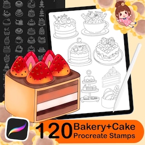 May include: A set of 120 Procreate stamps featuring bakery and cake designs. The stamps are black and white outlines of various cakes, pastries, and other bakery items. The image also includes a colorful illustration of a strawberry cake.