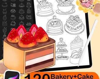 Könnte beinhalten: Ein Set mit 120 Procreate-Stempeln mit Bäckerei- und Kuchendesigns. Die Stempel sind schwarz-weiße Umrisse verschiedener Kuchen, Gebäckstücke und anderer Backwaren. Das Bild zeigt auch eine farbenfrohe Illustration eines Erdbeerkuchens.