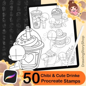 Puede incluir: Un conjunto de 50 sellos digitales en blanco y negro con adorables personajes chibi sosteniendo diferentes bebidas. Los sellos están diseñados para usarse en la aplicación Procreate. El texto "50 Chibi & Cute Drinks Procreate Stamps" se muestra en la parte inferior de la imagen.