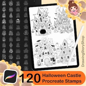 May include: A digital art set displayed on a tablet, featuring 120 Halloween castle Procreate stamps. The black and white illustrations include various spooky castle designs, bats, ghosts, and pumpkins. A stylus and Procreate app icon are also visible.