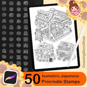 May include: An iPad displays 50 isometric Japanese Procreate stamps. The stamps include illustrations of Japanese restaurants, such as a ramen bar and a curry shop. A stylus rests on the screen. The image also features a Procreate app icon and the text "Isometric Japanese Procreate Stamps."
