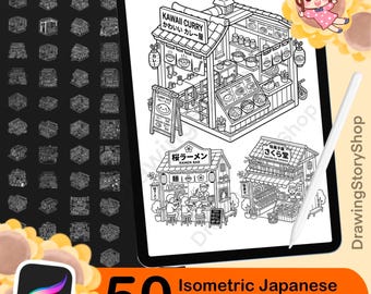 50 Isometric Japanese Shop Procreate Stamps | Cute Japanese Store Brush Set