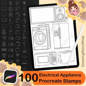 Könnte beinhalten: Digitale Illustration von 100 Procreate-Stempeln für Elektrogeräte. Das Bild zeigt ein Tablet mit Strichzeichnungen von Geräten wie Fernseher, Kühlschrank, Waschmaschine und Mikrowelle. Ein Stift und ein Procreate-App-Symbol sind ebenfalls zu sehen.