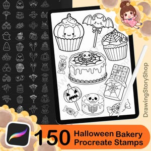 May include: Black and white Halloween-themed Procreate stamps featuring cupcakes, cakes, candy, and a chocolate bar. The image includes the text "150 Halloween Bakery Procreate Stamps" and a stylus.