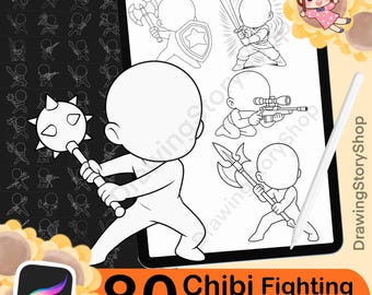 80 Chibi Procreate fighting Poses Stamps, Cute Anime Manga,fighting Brushes, fighting Body Figure Stamps,Guide Brushes, Chibi Base