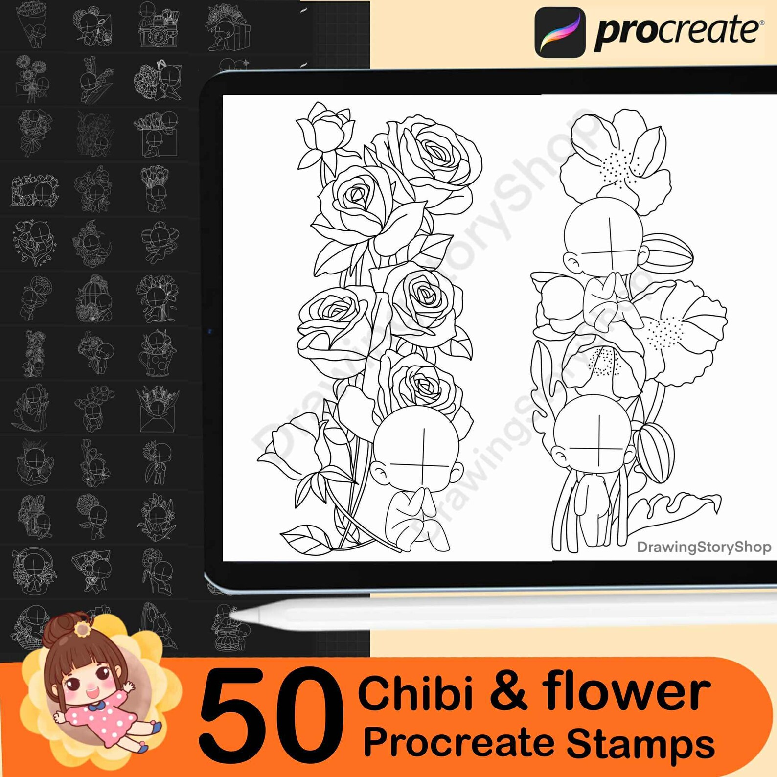 50 Procreate Chibi&flower Kawaii Brush Set, Procreate Chibi Poses ...