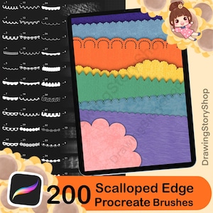 Puede incluir: Presentación de un producto de arte digital. La imagen muestra una tableta que muestra diseños de bordes festoneados de colores. El texto de la imagen dice "200 Scalloped Edge Procreate Brushes". También es visible un icono de la aplicación Procreate.