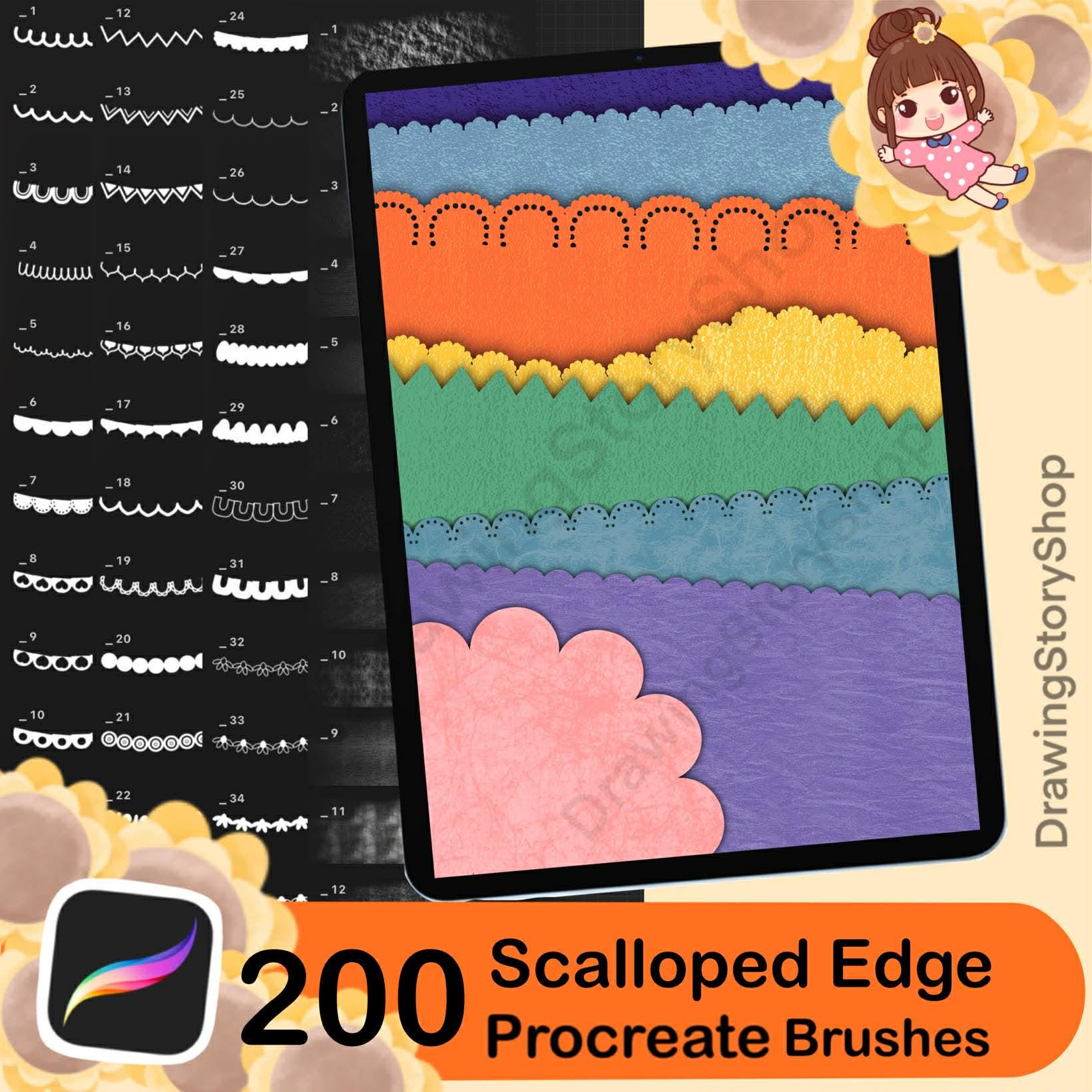 200 Procreate Scalloped Edge Brushes, Paper Textures, Border Brush Set ...