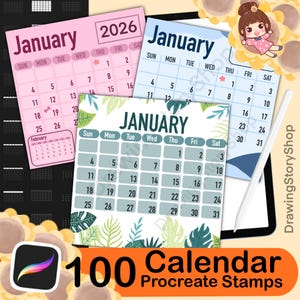 May include: Digital Procreate stamps showcasing January calendars for 2026 and other years. The calendars are in pink, blue, and green, with floral designs. The image includes the text "100 Calendar Procreate Stamps".